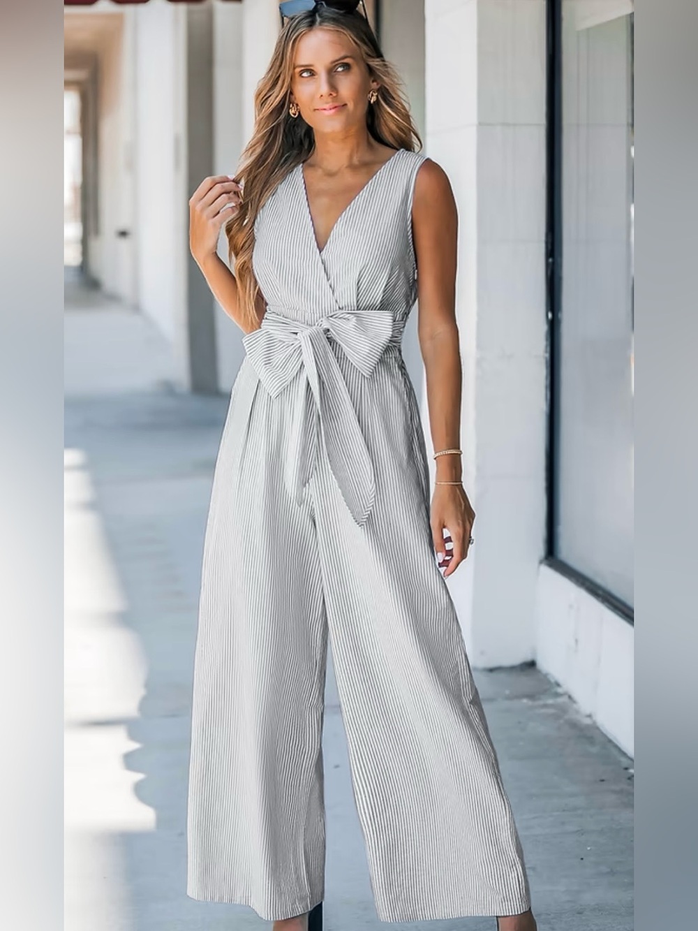 Cupshe Pinstriped Sash Jumpsuit NWT | Small • Wide‑Leg • Sleeveless • Chic Fit - Picture 2 of 6